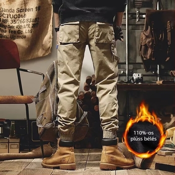 Téli japán-stílusú vintage fleece-bevonatú munkásnadrág, uniszex, lazább szabás, középmagas derék, kémiai rostok keveréke