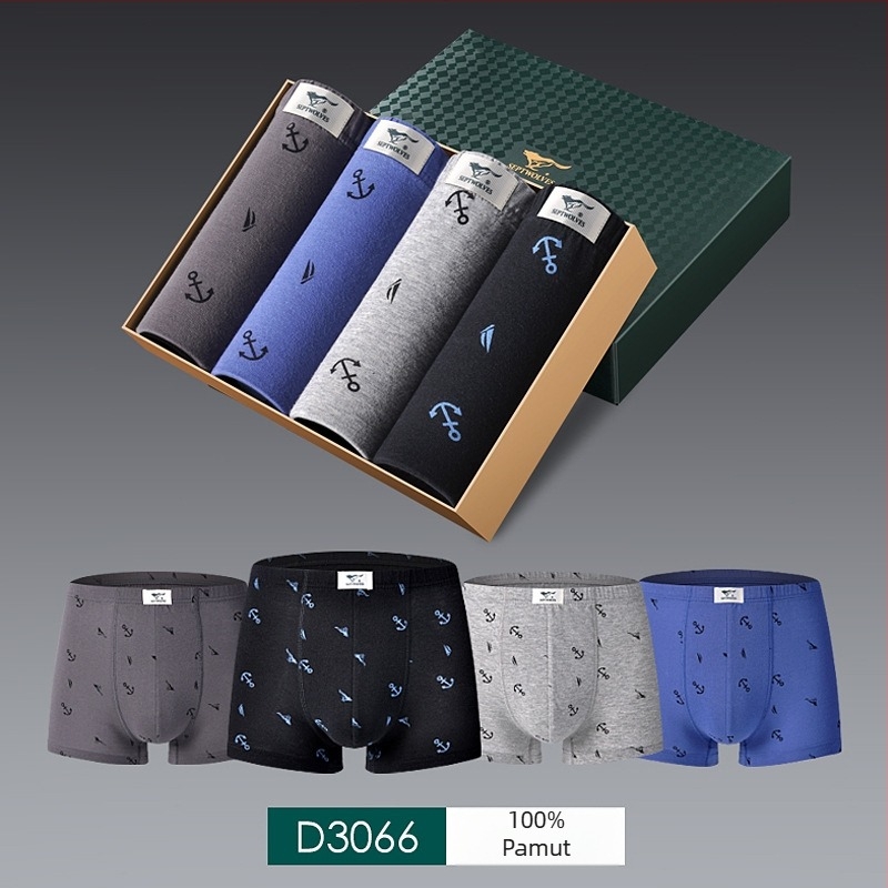 Férfi 100% pamut boxeralsó, légáteresztő, középmagas derekú, csíkos/kockás mintázatú, dobozban, 4 darabos készlet
