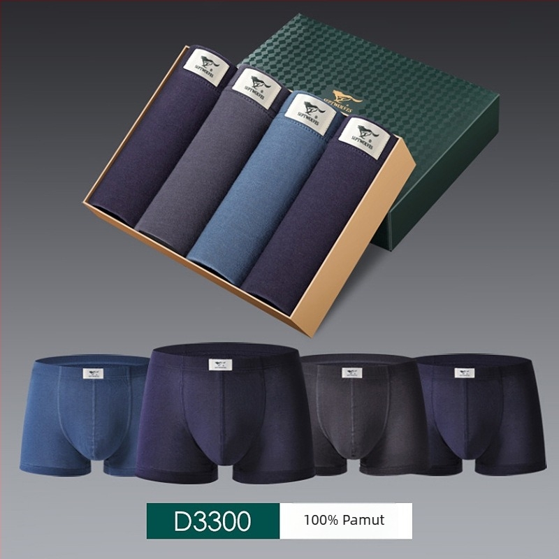 Férfi 100% pamut boxeralsó, légáteresztő, középmagas derekú, csíkos/kockás mintázatú, dobozban, 4 darabos készlet