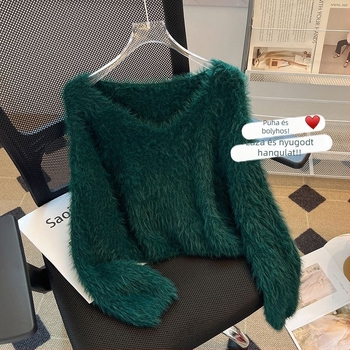 Koreai stílusú, édes, puha mink fleece pulóver nőknek, őszi-téli szezon, rövid fazon, V-nyakú, kötött felső