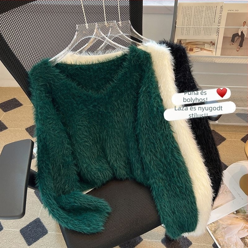Koreai stílusú, édes, puha mink fleece pulóver nőknek, őszi-téli szezon, rövid fazon, V-nyakú, kötött felső