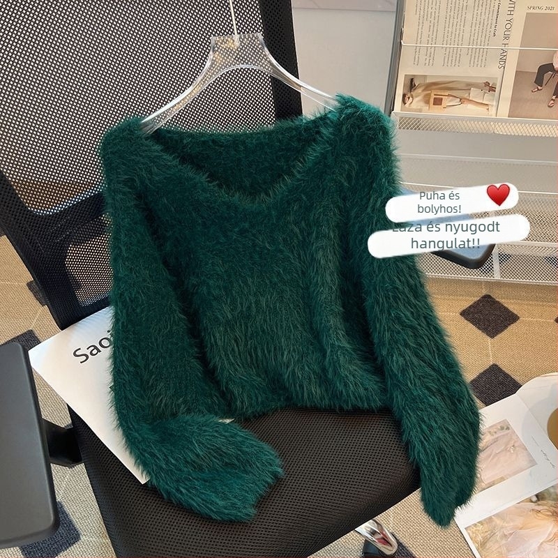 Koreai stílusú, édes, puha mink fleece pulóver nőknek, őszi-téli szezon, rövid fazon, V-nyakú, kötött felső
