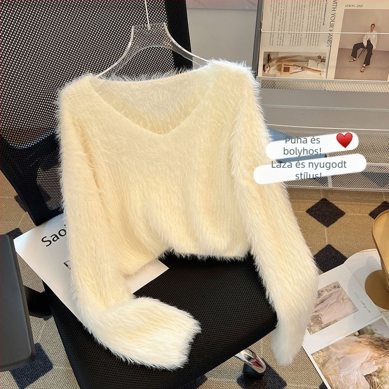 Koreai stílusú, édes, puha mink fleece pulóver nőknek, őszi-téli szezon, rövid fazon, V-nyakú, kötött felső