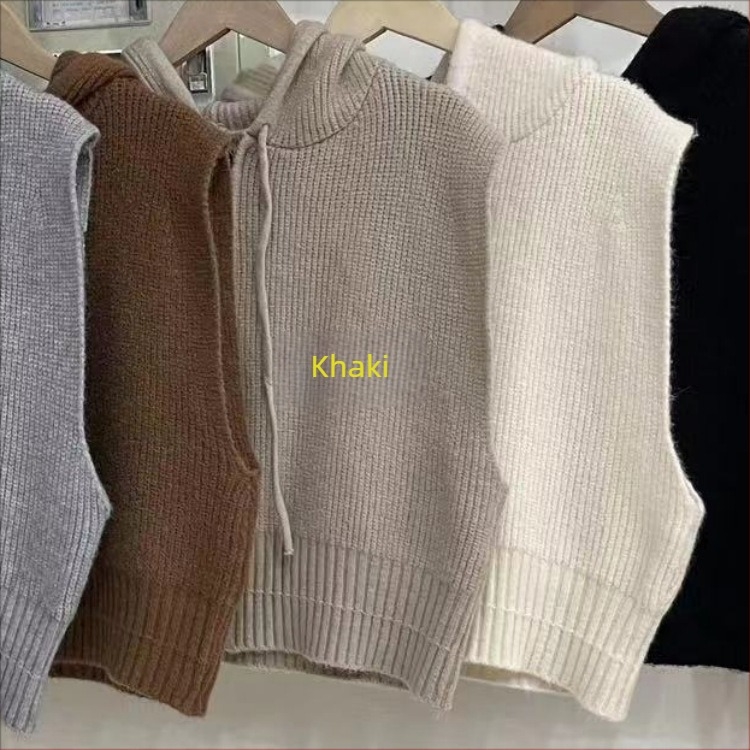 Női kapucnis kötött mellény koreai stílusú, retro casual fazon, cipzárral és húzózsinórral, V-nyakkal, gyapjú–akril keverék