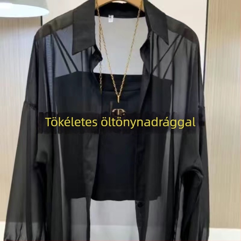 Chiffon anyagú ing; 95%+ fő anyag összetétel; Polo gallér; hosszú ujjú; laza szabás