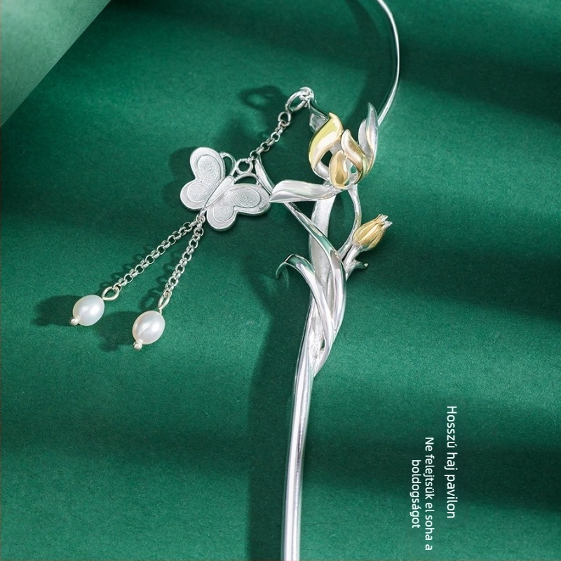 Virágos hajtű, fém, kínai ihletésű stílus, Zhongying Jewelry, aranyozott kivitel