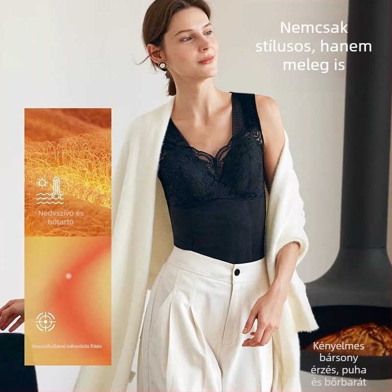 Meleg mellény beépített párnázott kosárrészekkel, csipkés szegéllyel, fleece-béléssel, nylon anyagból