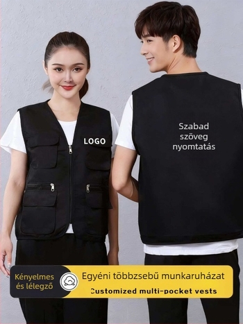 Több zsebbel munkaruha mellény cipzárral, kapucni nélkül, 100% poliészter, egyenes szabás