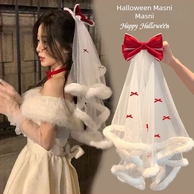 Hajkiegészítő: Luxus karácsonyi fátyol bársony masnival, textil hajdísz, masni alak