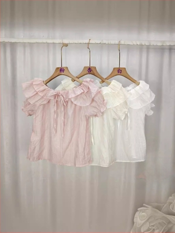 Francia stílusú fodros vállú felső női rövid ujjú chiffon top, lazán szabott, hasfedős, nyár 2024
