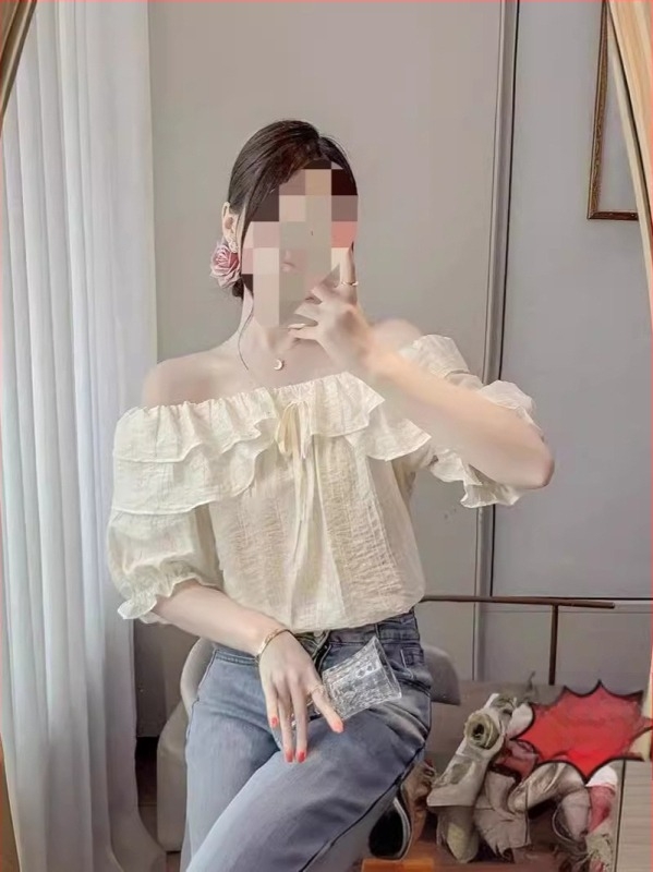 Francia stílusú fodros vállú felső női rövid ujjú chiffon top, lazán szabott, hasfedős, nyár 2024