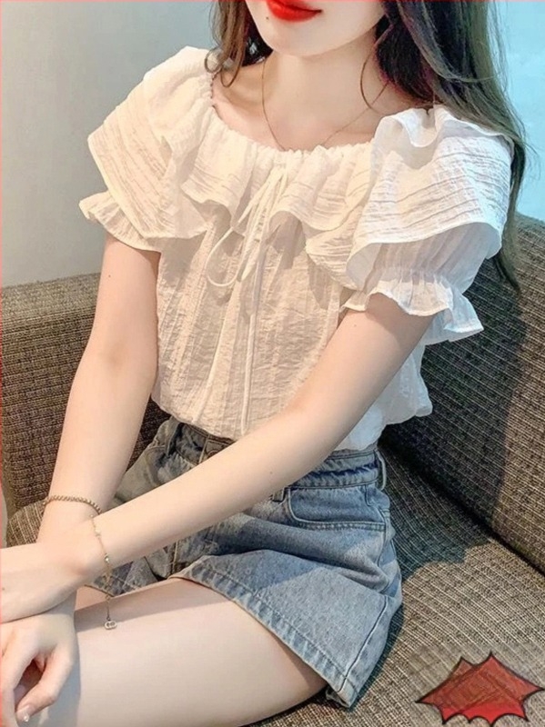 Francia stílusú fodros vállú felső női rövid ujjú chiffon top, lazán szabott, hasfedős, nyár 2024
