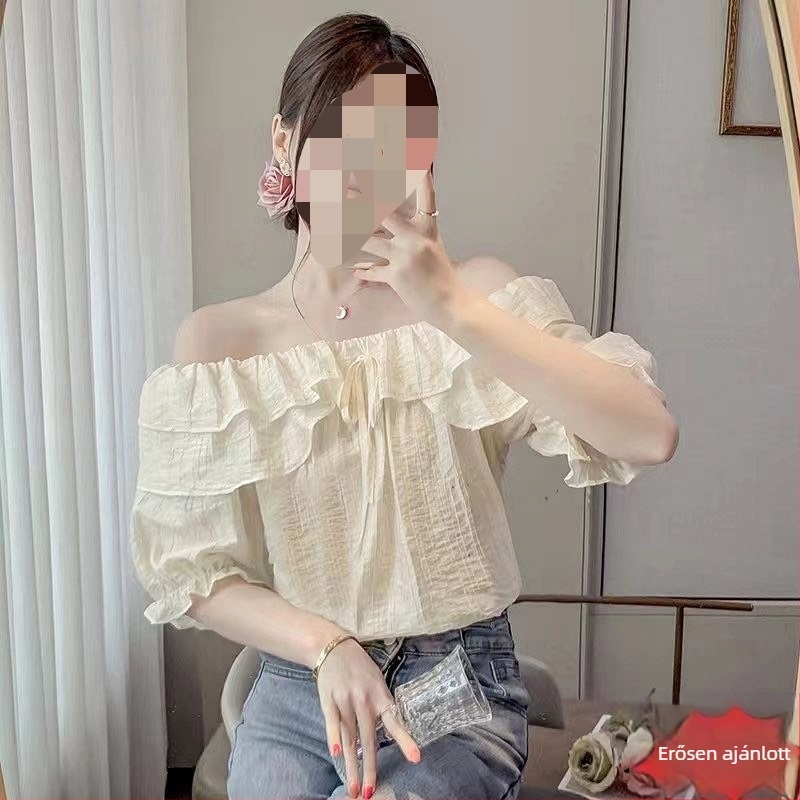 Francia stílusú fodros vállú felső női rövid ujjú chiffon top, lazán szabott, hasfedős, nyár 2024
