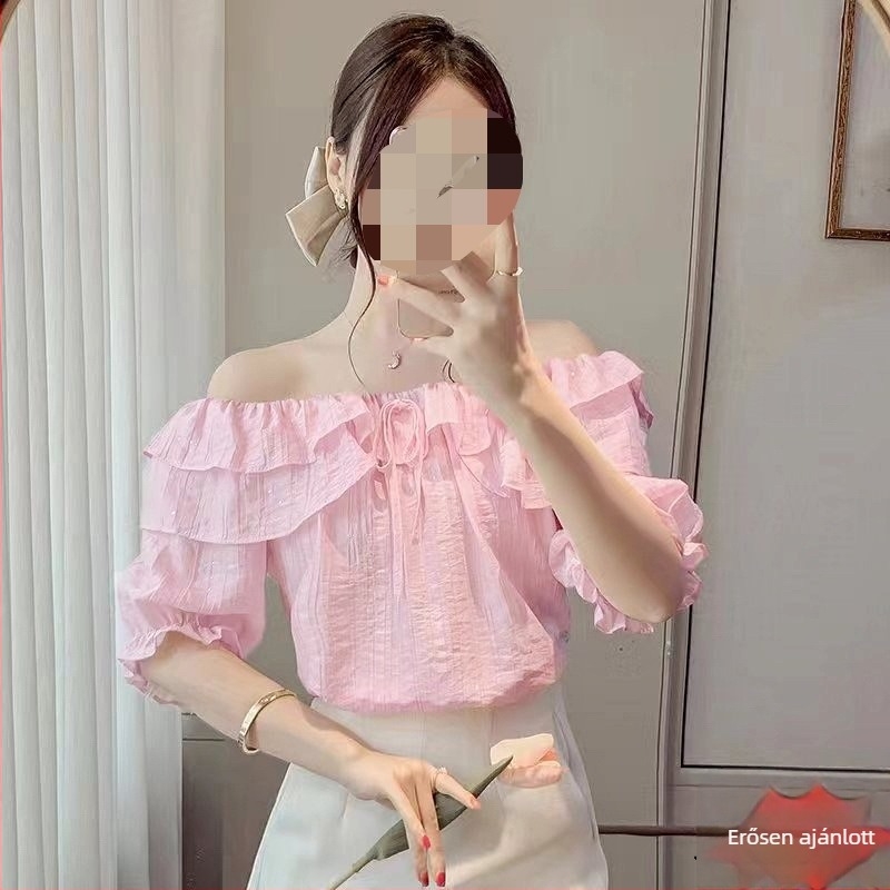 Francia stílusú fodros vállú felső női rövid ujjú chiffon top, lazán szabott, hasfedős, nyár 2024