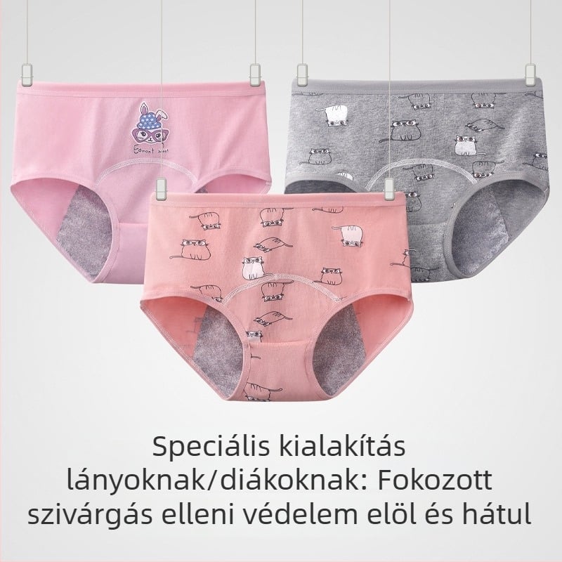 12 éves lányok menstruációs bugyija, szivárgásmentes, lélegző, antibakteriális, középmagas derekú