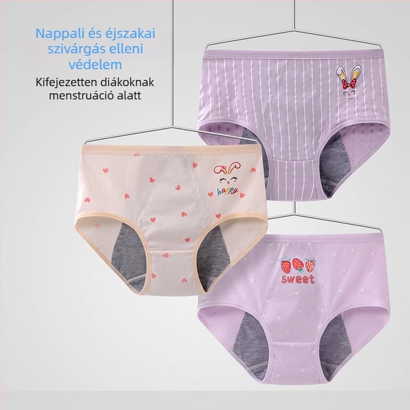 12 éves lányok menstruációs bugyija, szivárgásmentes, lélegző, antibakteriális, középmagas derekú