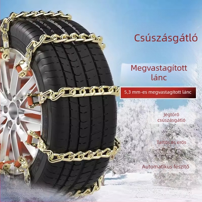 Autógumi csúszásgátló láncok, vészhelyzeti, univerzális típus off-road járművekhez, sedanokhoz, kisbuszokhoz és SUV-khoz, magas széntartalmú acélszalagokkal a hóhoz