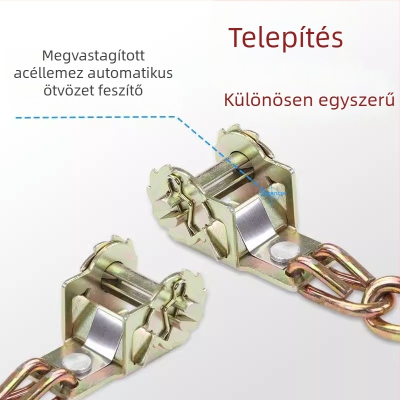 Autógumi csúszásgátló láncok, vészhelyzeti, univerzális típus off-road járművekhez, sedanokhoz, kisbuszokhoz és SUV-khoz, magas széntartalmú acélszalagokkal a hóhoz