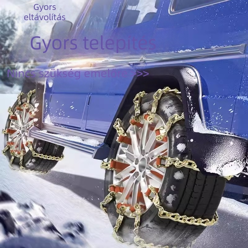 Autógumi csúszásgátló láncok, vészhelyzeti, univerzális típus off-road járművekhez, sedanokhoz, kisbuszokhoz és SUV-khoz, magas széntartalmú acélszalagokkal a hóhoz