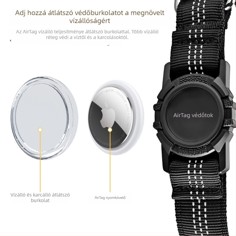 Airtag védőfedéllel és lokátorral ellátott háziállat-nyakörv, fényvisszaverő csíkokkal, vízálló, univerzális méretben illeszkedik