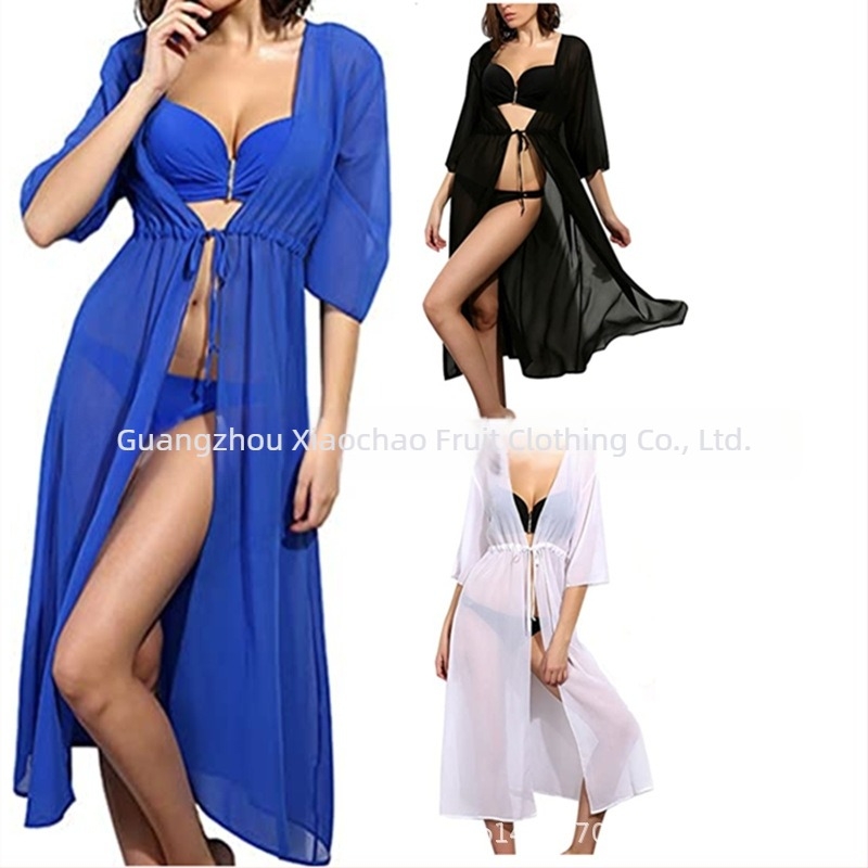 Női chiffon hosszú strand-/úszókabát kardigán, laza szabás, kerek nyakú, 3/4-es ujjú, acetátrostartalmú 50–70%