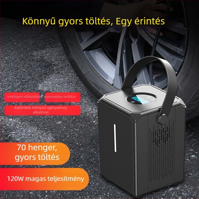 Digitális kijelzős autógumi inflátor, hordozható, 12V, 120W, egyhengeres, 3 m-es kábel, 35 L/min, világítás és guminyomás-mérő