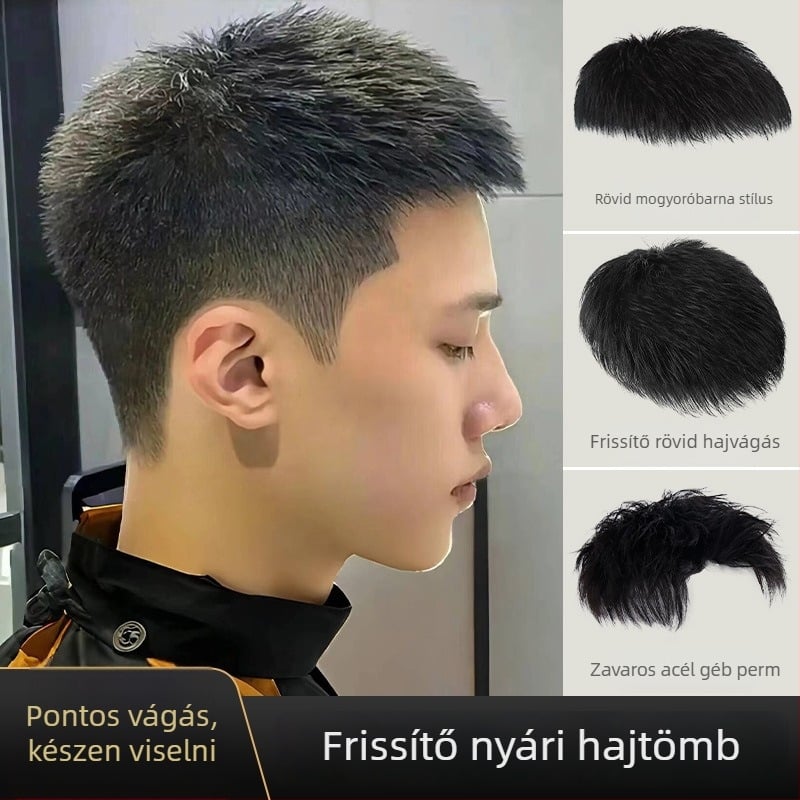 Férfi hajpótlás, egyenes haj, valódi emberi haj, festés és dauer megengedett, mechanizmus kivitel
