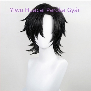 Huacai 30 cm hosszú, sokoldalú cosplay paróka férfiaknak, rövid haj, fekete, anti-kunkorodás, arcot karcsúsító hatás