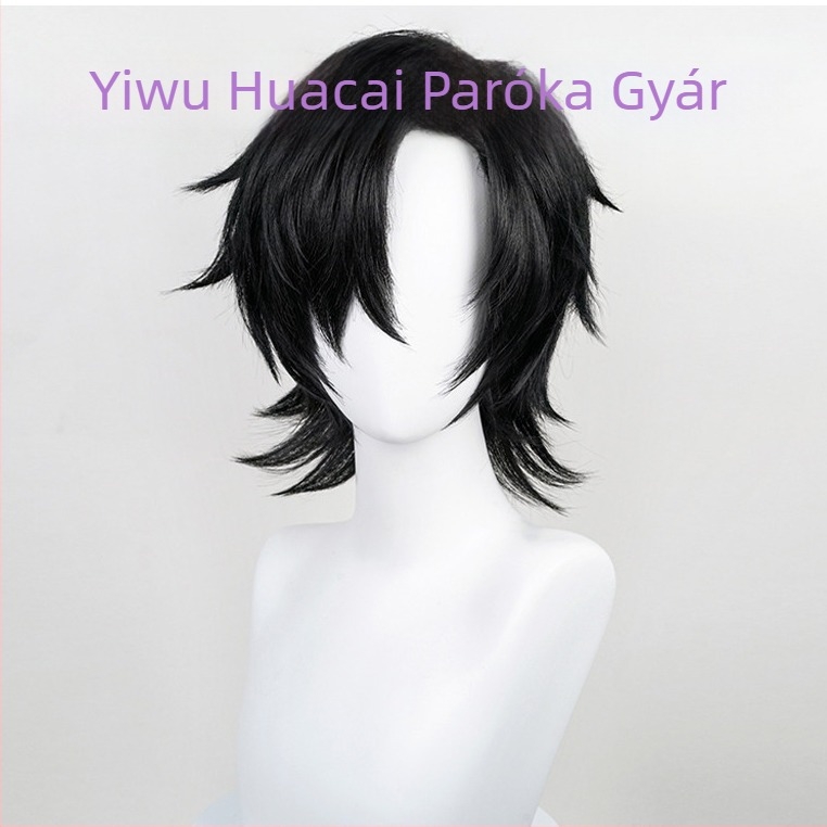 Huacai 30 cm hosszú, sokoldalú cosplay paróka férfiaknak, rövid haj, fekete, anti-kunkorodás, arcot karcsúsító hatás