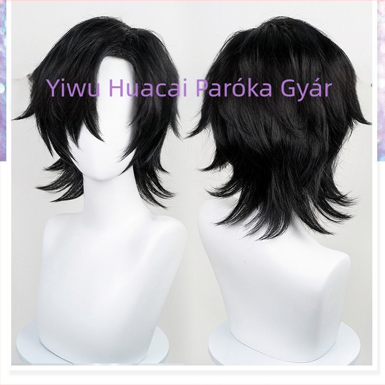 Huacai 30 cm hosszú, sokoldalú cosplay paróka férfiaknak, rövid haj, fekete, anti-kunkorodás, arcot karcsúsító hatás