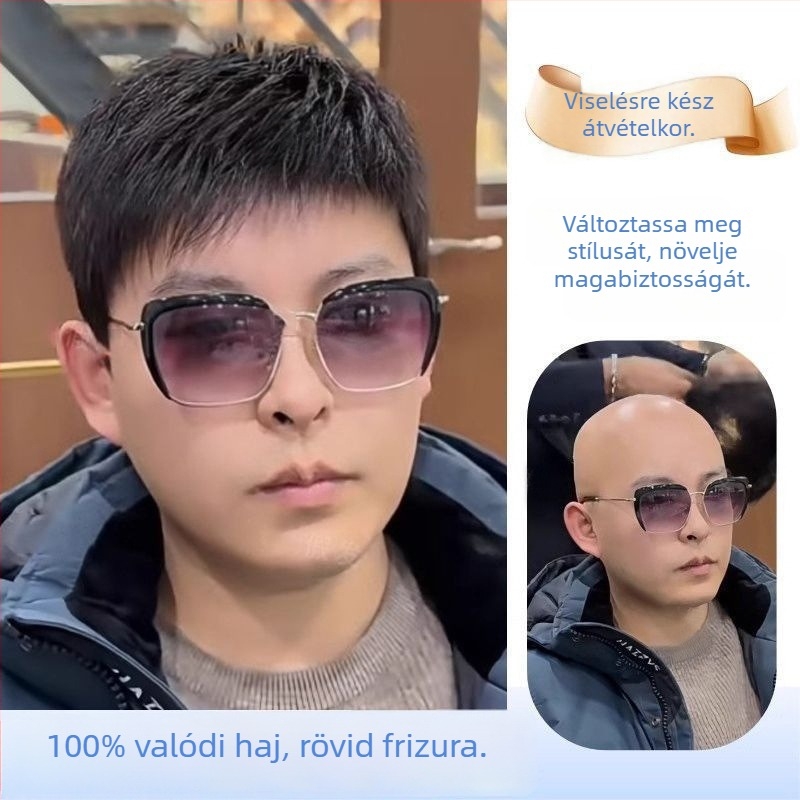 Férfi paróka valódi emberi hajból, rövid fazon, teljes fejfedés, természetes hatás, kézzel szőtt