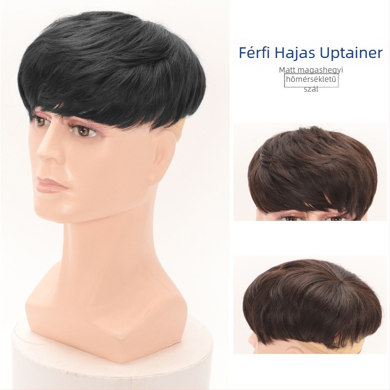 Férfiaknak fejfedő hajdarab – rövid haj, magas hőmérsékletű szál, mechanizmus, festés vagy perm nem megengedett