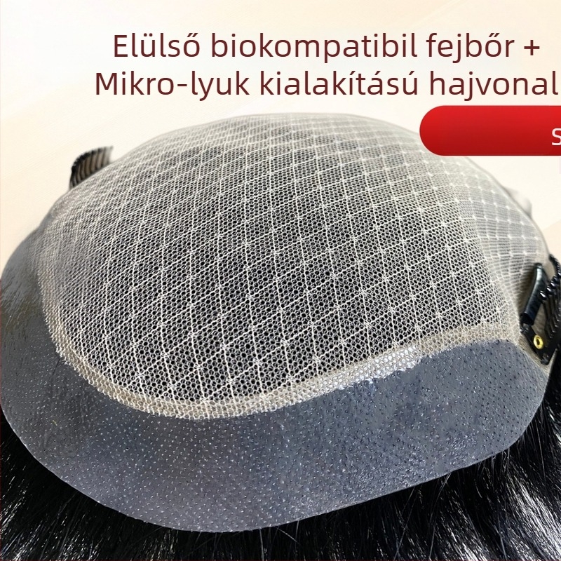 Férfi paróka valódi emberi hajból, könnyű és légáteresztő, teljesen kézzel készített, természetes megjelenés