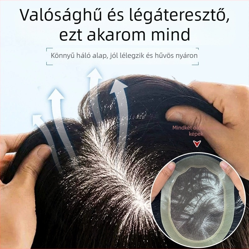 Férfi paróka valódi emberi hajból, könnyű és légáteresztő, teljesen kézzel készített, természetes megjelenés