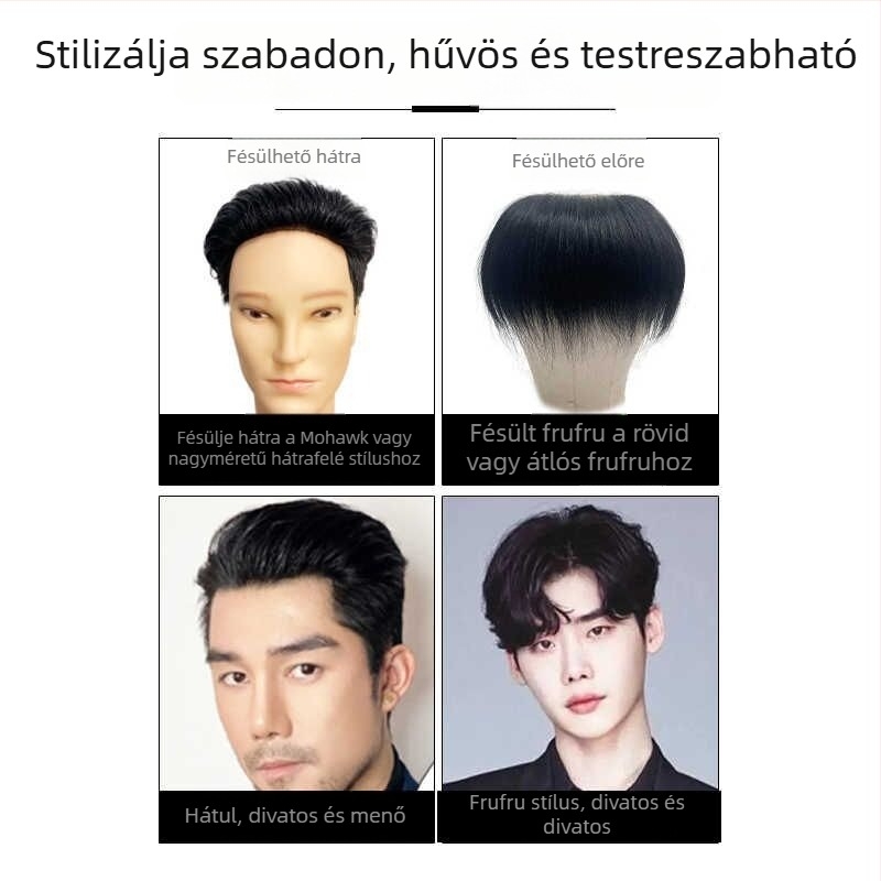 Férfi paróka természetes hajvonalú homlokon, varratmentes, M-alakú hajvonal, kézzel szőtt emberi haj