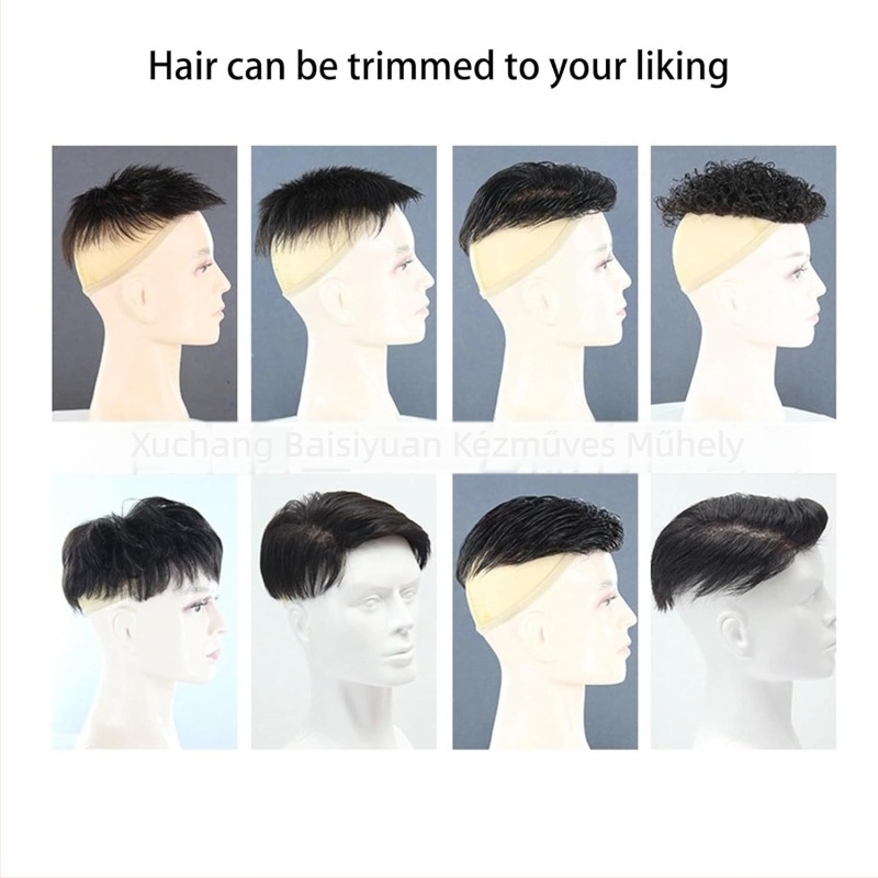 Férfi paróka, teljes kézi szövésű, emberi haj, modell: Men's reissue, festhető vagy permelhető, Baisi Source Wig