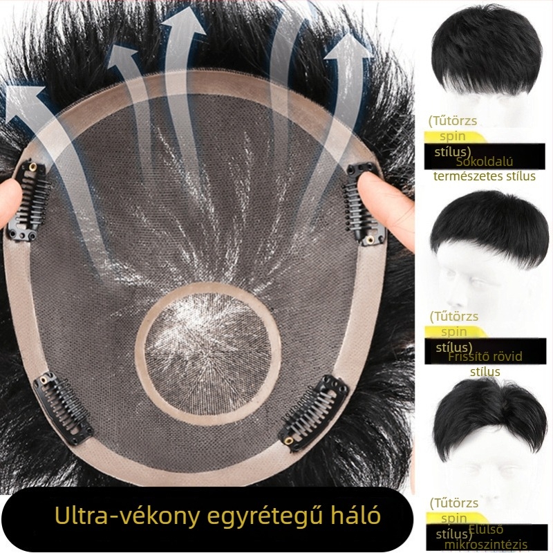 Férfi paróka, teljes kézi szövésű, mono hálóval, valós emberi hajból, modell: Men's No. 3 Net Delivery Spiral Hair Block, kopaszságot fed