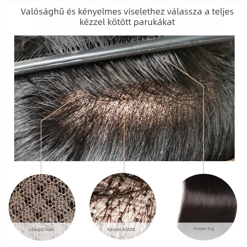 Férfi paróka, valódi emberi haj, teljesen kézzel szőtt, festhető, Henan eredetű