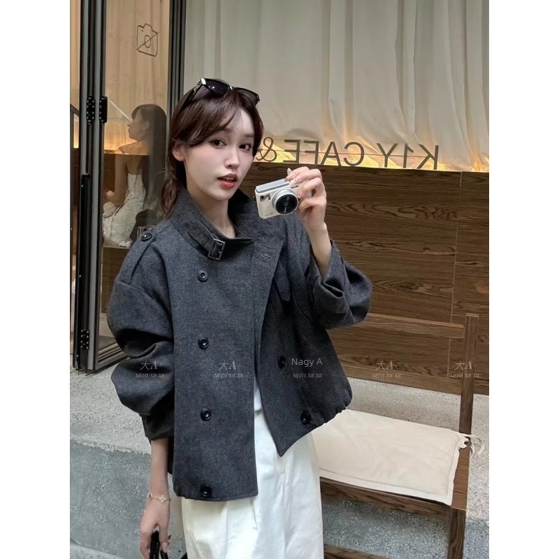 Női gyapjúkabát, koreai stílusú casual, laza szabás, kétsoros gombolás, gyapjú-szálas anyag (50-70% gyapjú, 30-50% poliészter)