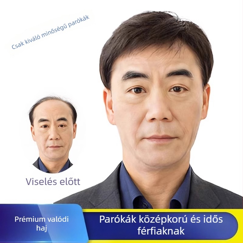 Férfi rövid hajú paróka oldalsó elválasztással, természetes emberi hajból készült paróka középkorú férfiaknak, stílusos és élethű idős apáknak, könnyű
