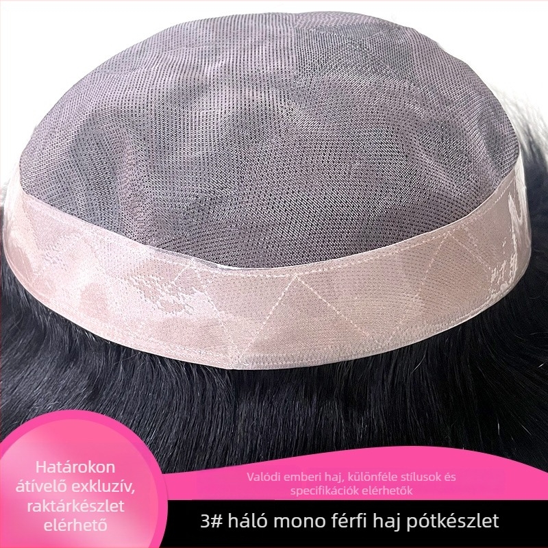 Férfi paróka mono sapkával, PU szegéllyel, valódi emberi haj, teljes kézi szövés, nem alkalmas festésre