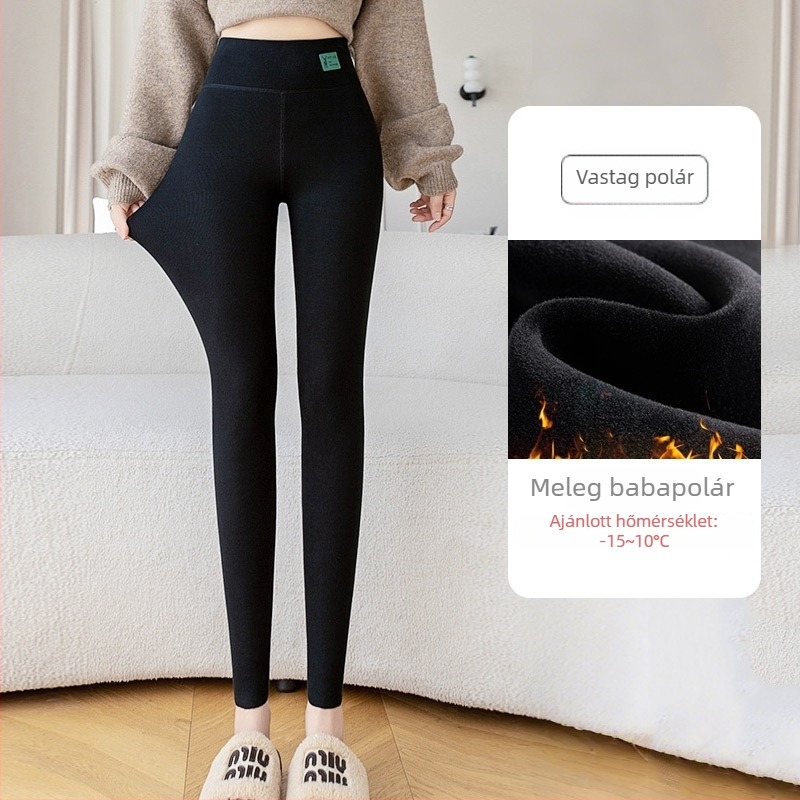 Női magas derekú fleece-belsejű leggings, vastag és rugalmas, plusz méret 100 kg-ig, téli 3/4 hosszúságú