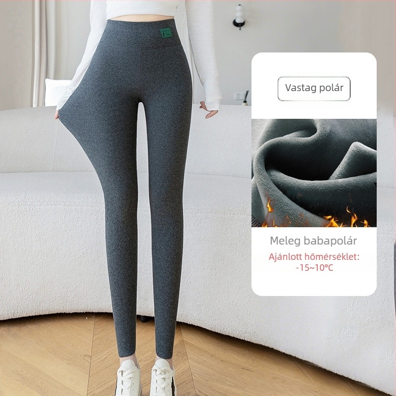 Női magas derekú fleece-belsejű leggings, vastag és rugalmas, plusz méret 100 kg-ig, téli 3/4 hosszúságú