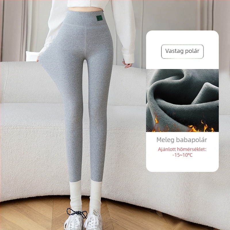 Női magas derekú fleece-belsejű leggings, vastag és rugalmas, plusz méret 100 kg-ig, téli 3/4 hosszúságú