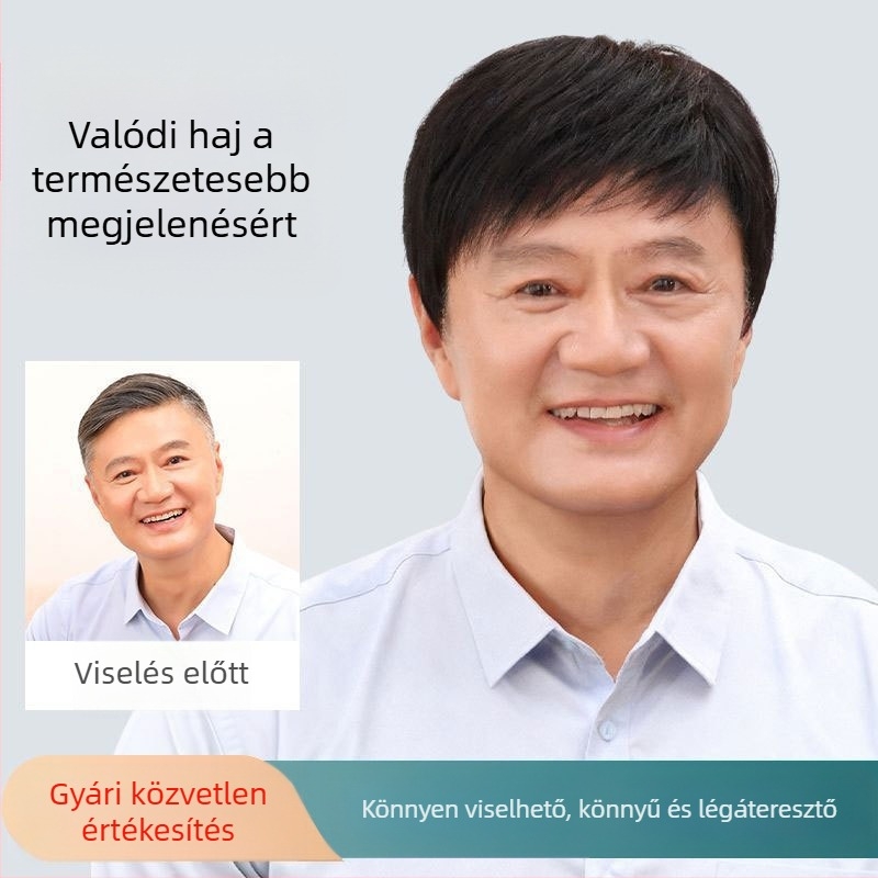 Férfiaknak készült valódi hajból készült paróka, teljes fejfedő, természetes rövid frizura, középkorú és idős férfiak számára