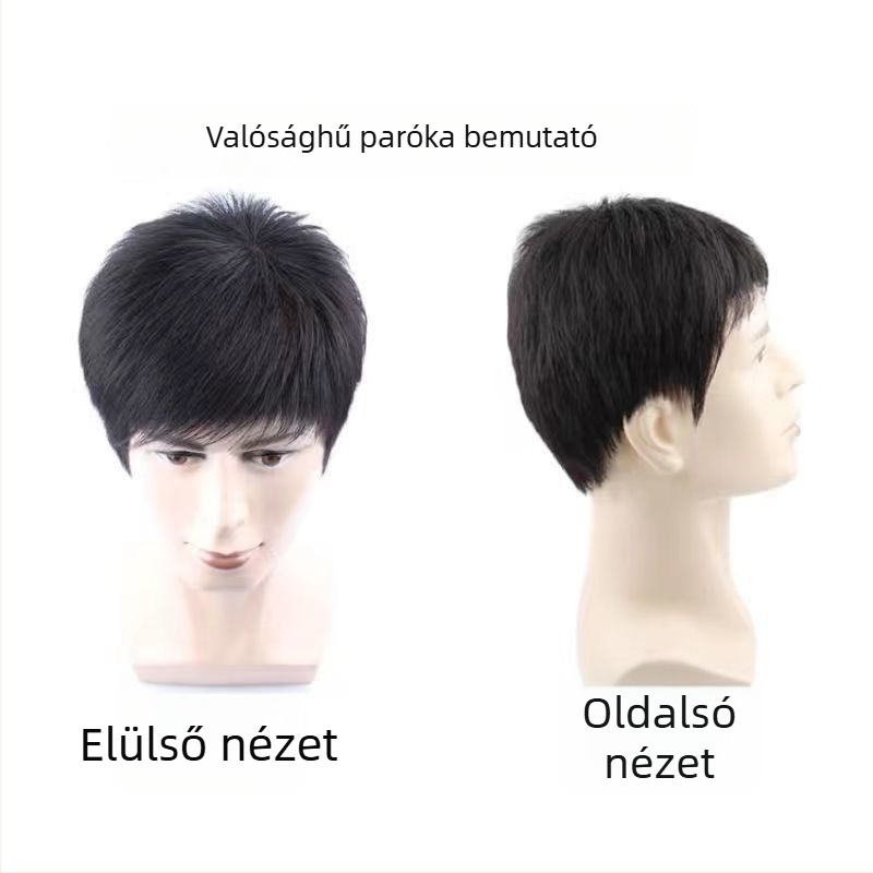 Férfi rövid, egyenes paróka, lélegző és élethű szálakból, hőálló rostokból, modell 471, ősz haj fedése
