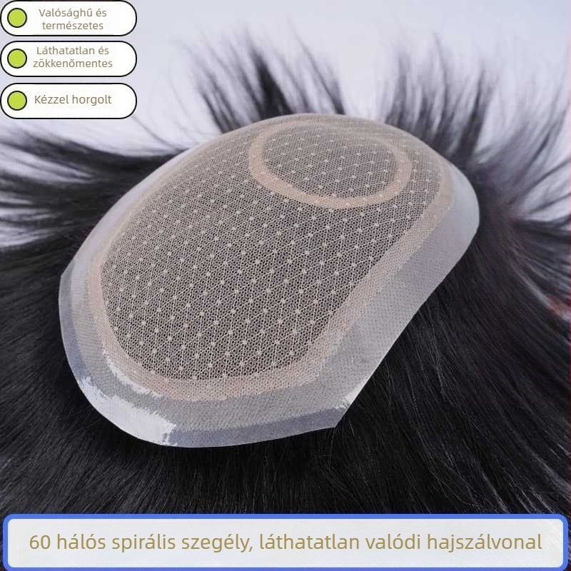 Férfi hajdarab a fejtetőre, teljesen valódi hajból, kézzel szőtt, 60-hálós háló, láthatatlan hajvonal, élethű és természetes