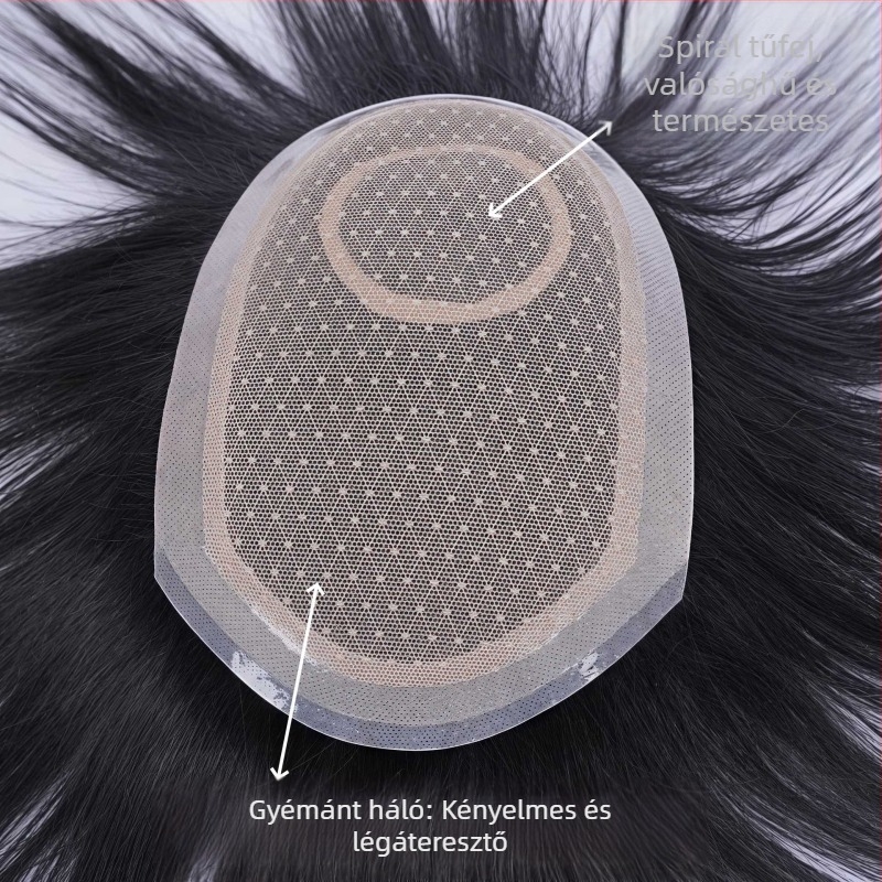 Férfi hajdarab a fejtetőre, teljesen valódi hajból, kézzel szőtt, 60-hálós háló, láthatatlan hajvonal, élethű és természetes