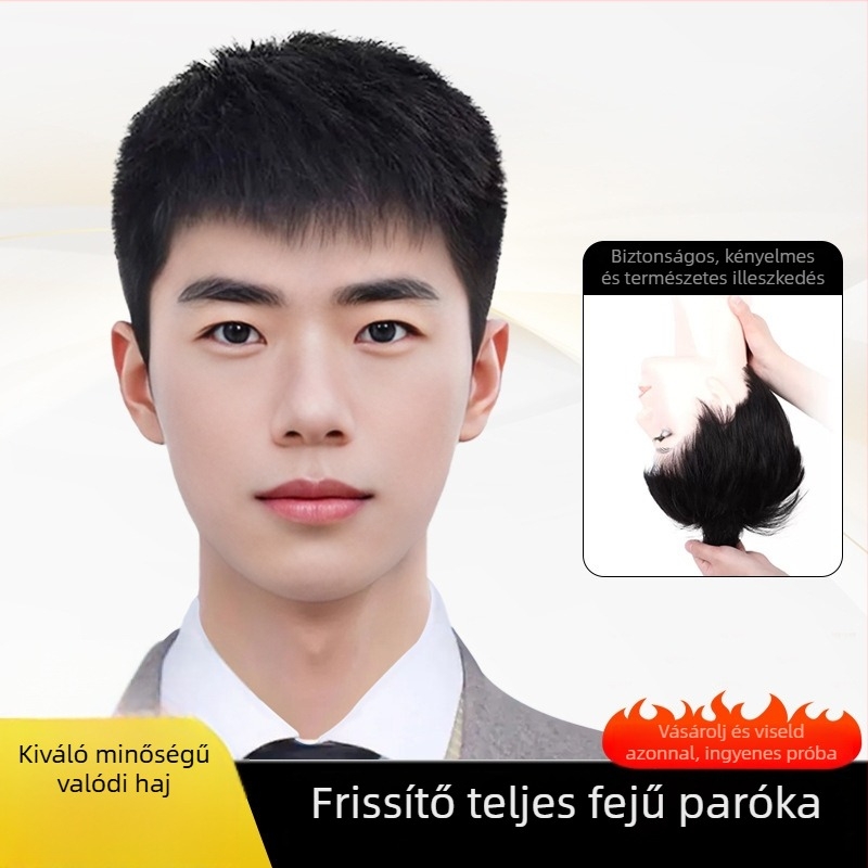 Férfi paróka valódi hajból, rövid fazon, ősz haj fedése, dús teljes fejparóka mindennapi viseletre