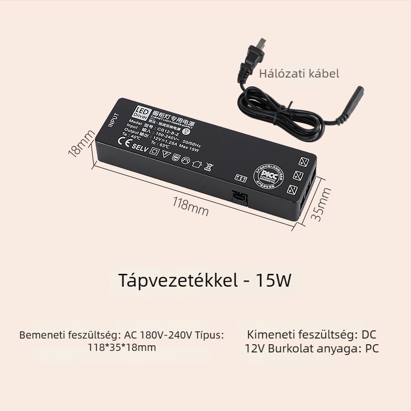 LED szekrény világítás kapcsoló táp, 12V/24V, DuPont csatlakozó, IP20, CE, 99% hatékonyság